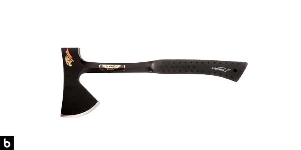 This is a product image, featuring a black steel Estwing camping hatchet.