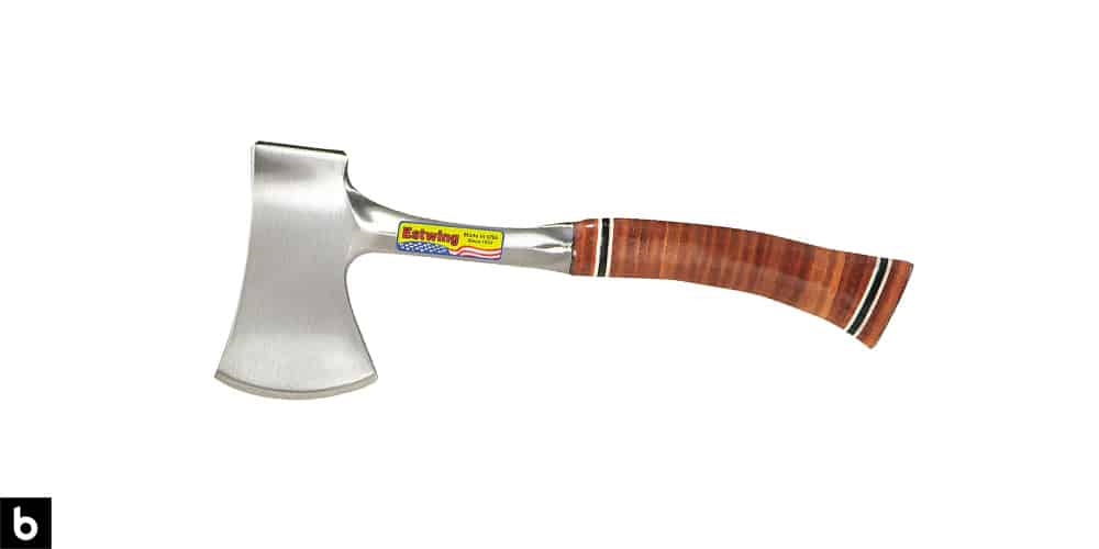 This is a product image, featuring an Estwing Sportsman hatchet axe.