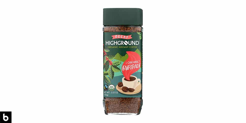 This is a product photo of a bottle of Highground Organic instant coffee.