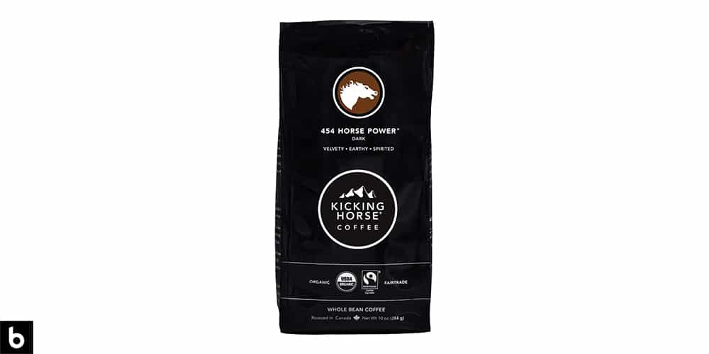 This is a product image for our Best Budget Coffee 2024 article. It features a black and brown bag of Kicking Horse '454 Horse Power' Coffee.