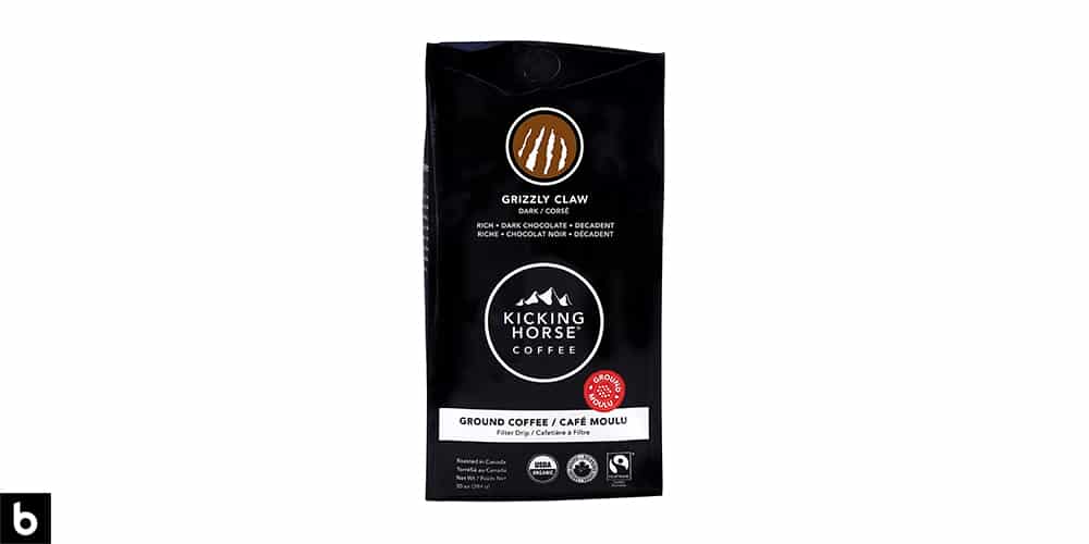 This is a product image for our Best Dark Roast Coffee 2024 article. It features a black bag of Kicking Horse 'Grizzly Claw' dark roast coffee.