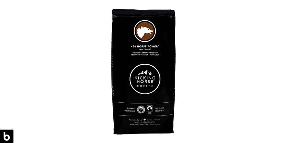 This is a product image for our best coffee for French press 2024 article. It features a black bag of Kicking Horse Whole Bean coffee. We've dubbed it one of the Best Whole Bean Coffees for French Press.