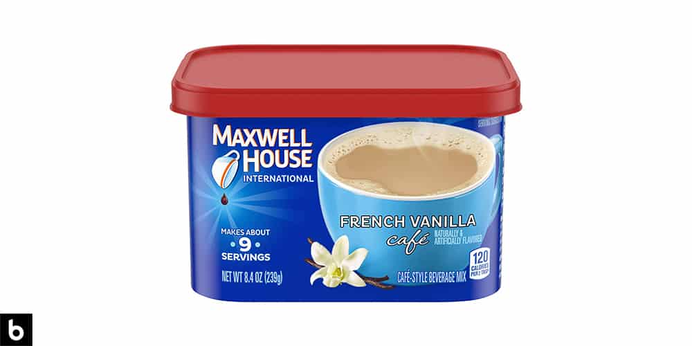 This is a product photo of a tin of Maxwell House French Vanilla instant coffee.