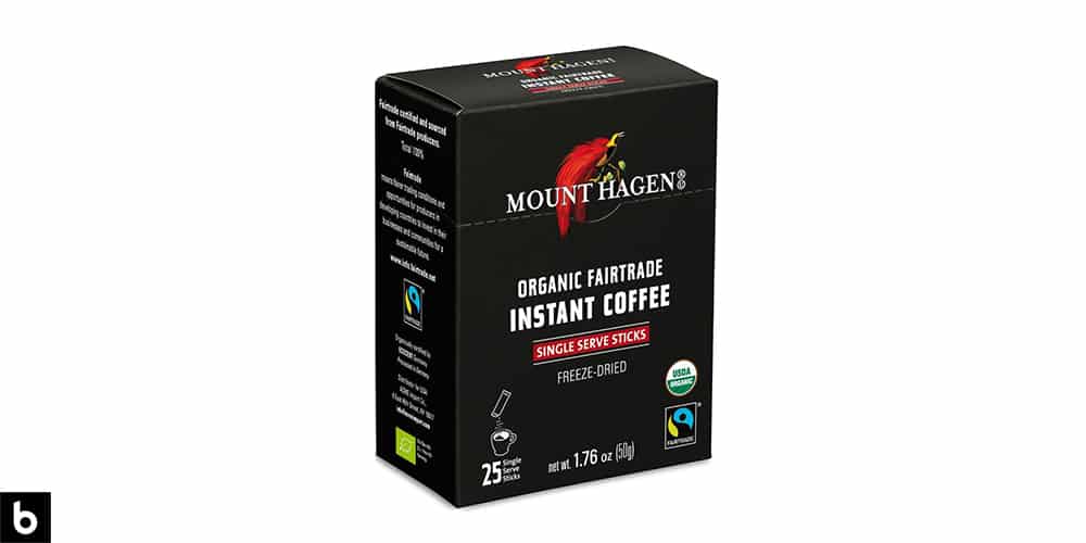 This is a product image, featuring a clack box of Mount Hagen Organic Fair Trade Instant Coffee.