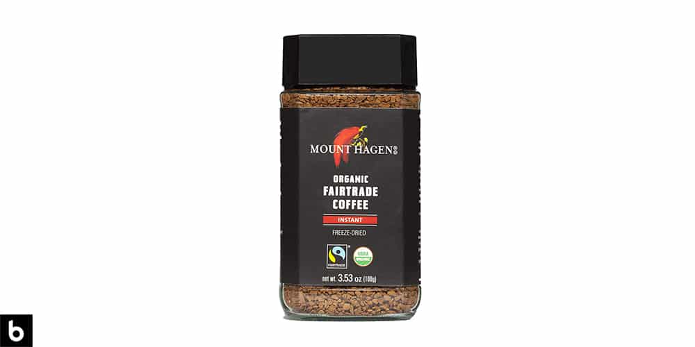 This is a product image for our Best Instant Coffee 2024 article. It features a bottle of Mount Hagen Organic Fairtrade Coffee.