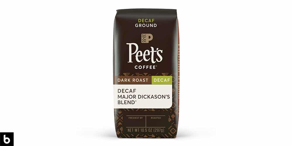This is a product photo, featuring a brown and green bag of Peet's Decaf Coffee.