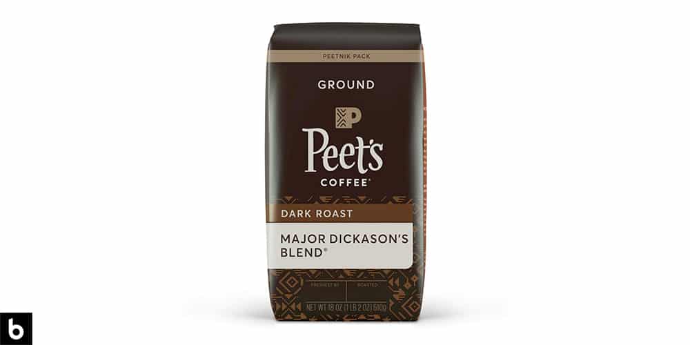 This is a product photo of a brown bag of Peet's Coffee dark roast coffee.