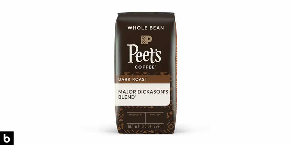 This is a product image, featuring a brown bag of Peet's Major Dickason Blend coffee. We've dubbed it one of the Best Budget Coffees for French Press.