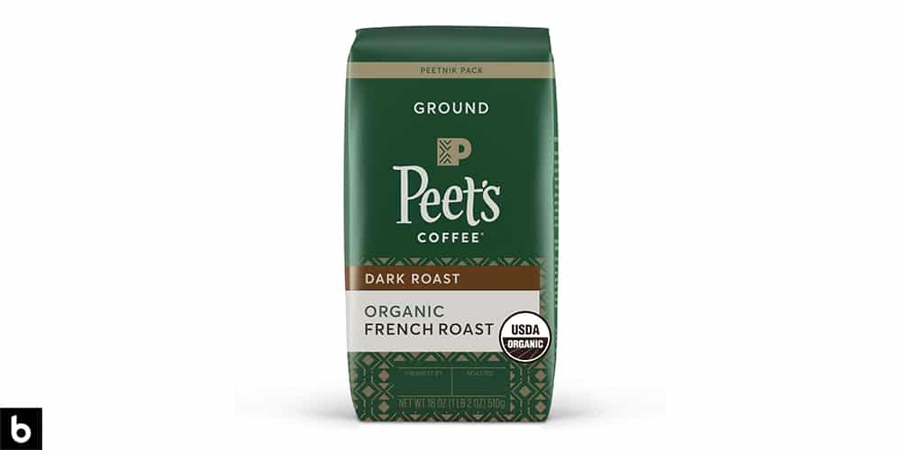 This is a product image in our Best Organic Coffee 2024 article, featuring a green and brown bag of Peet's Organic French Roast Coffee.