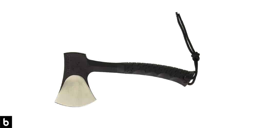 This is a product image, featuring a black steel Schrade full tang hatchet.