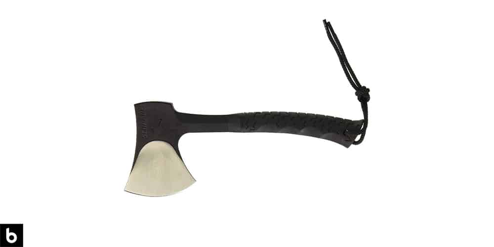 This is a product image, featuring a black steel Schrade metal hatchet.