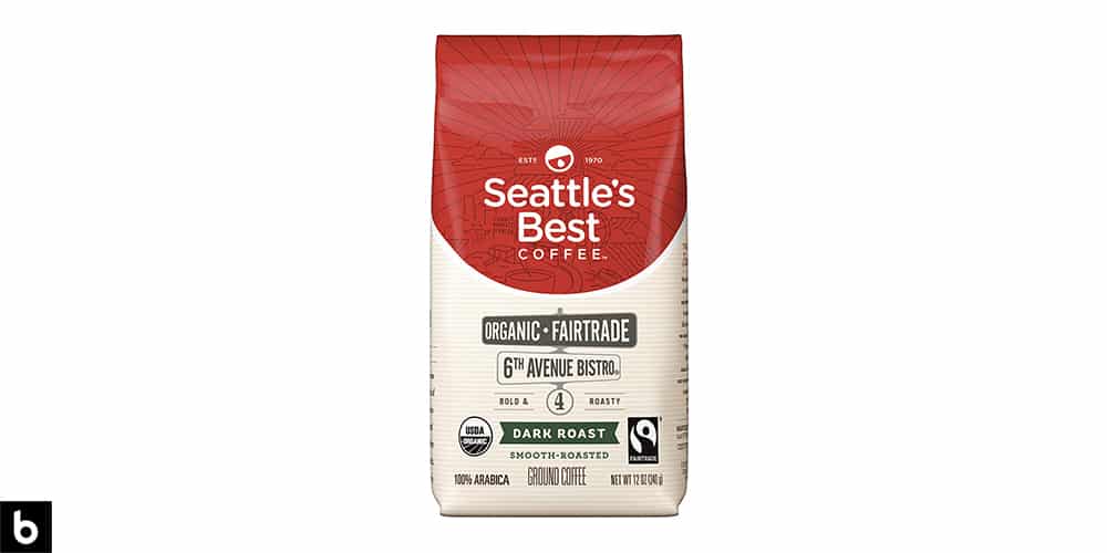 This is a product photo featuring a red and cream colored bag of Seattle's Best Organic 6th Avenue Bistro Dark Roast Ground Coffee.