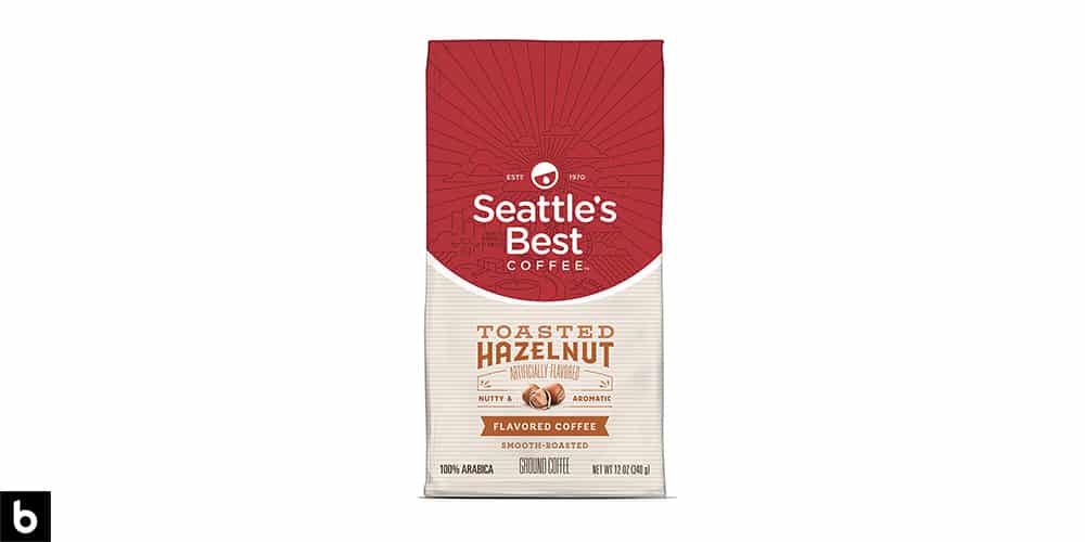 This is a product photo for our Best Ground Coffee 2024 article. It features a red and cream bag of Seattle's Best Toasted Hazelnut ground coffee.