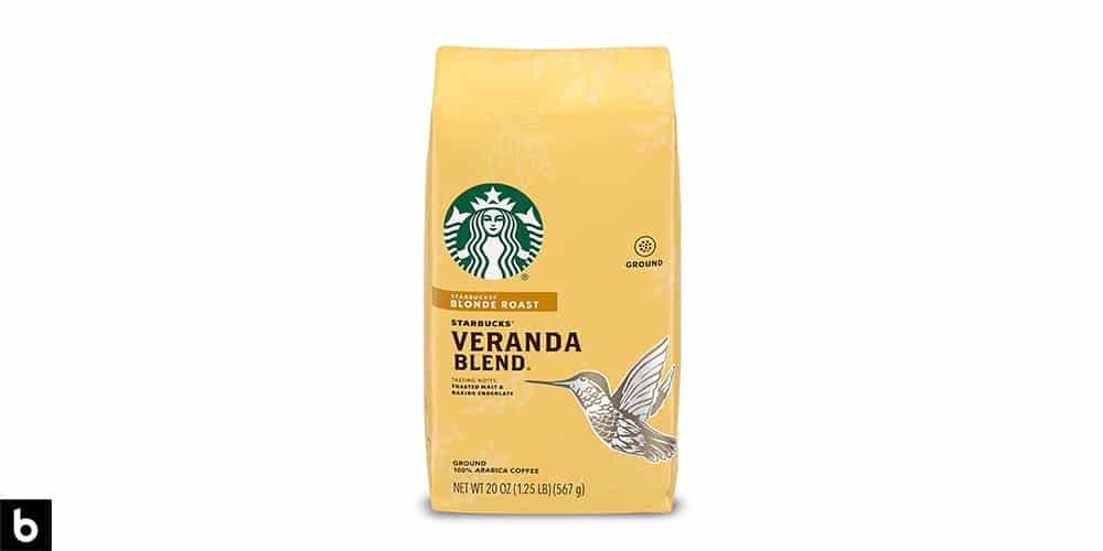 This is a product image of a yellow bag of Starbucks Blonde Roast Coffee. 