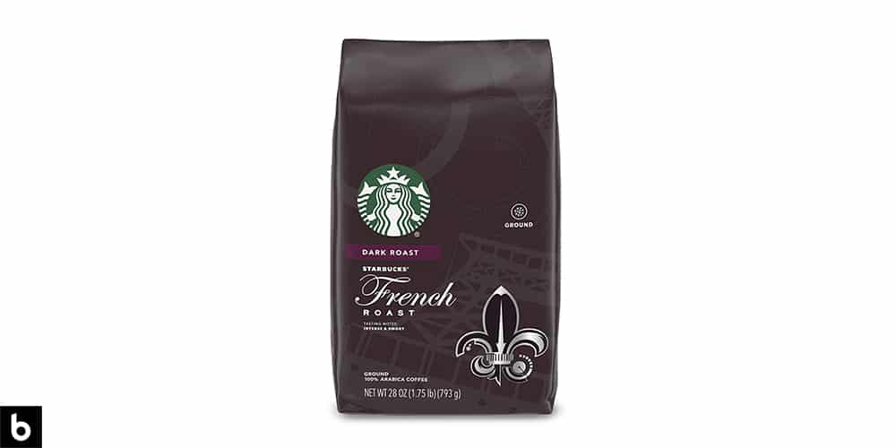 This is a product photo of a brown bag of Starbucks French Roast Dark Roast coffee. 