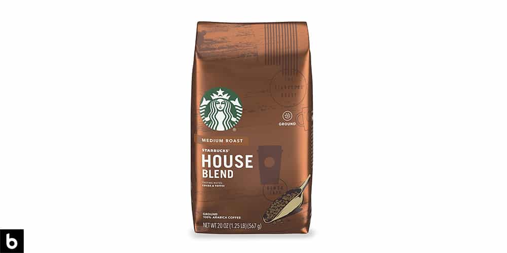 This is a product image of a brown bag of Starbucks House Blend Medium Roast Coffee.