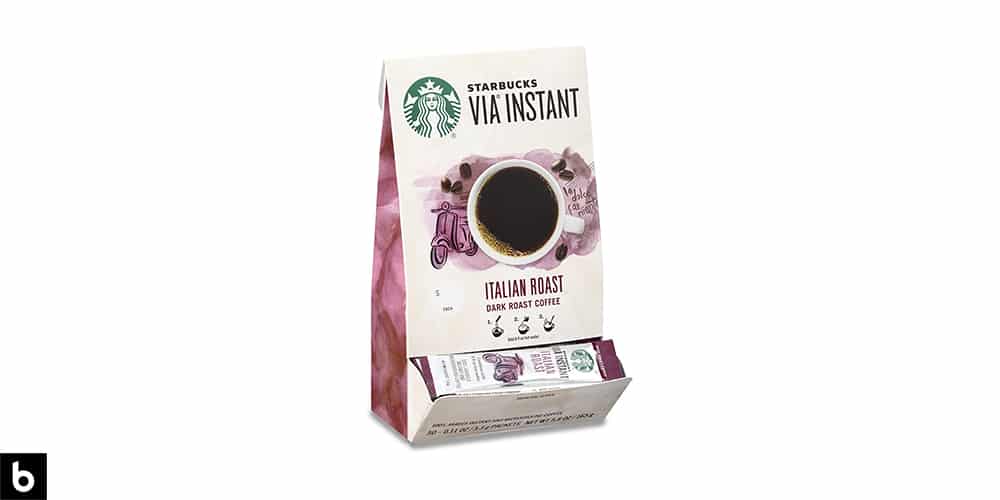 This is a product image of a box of Starbucks Via Instant Coffee packets.