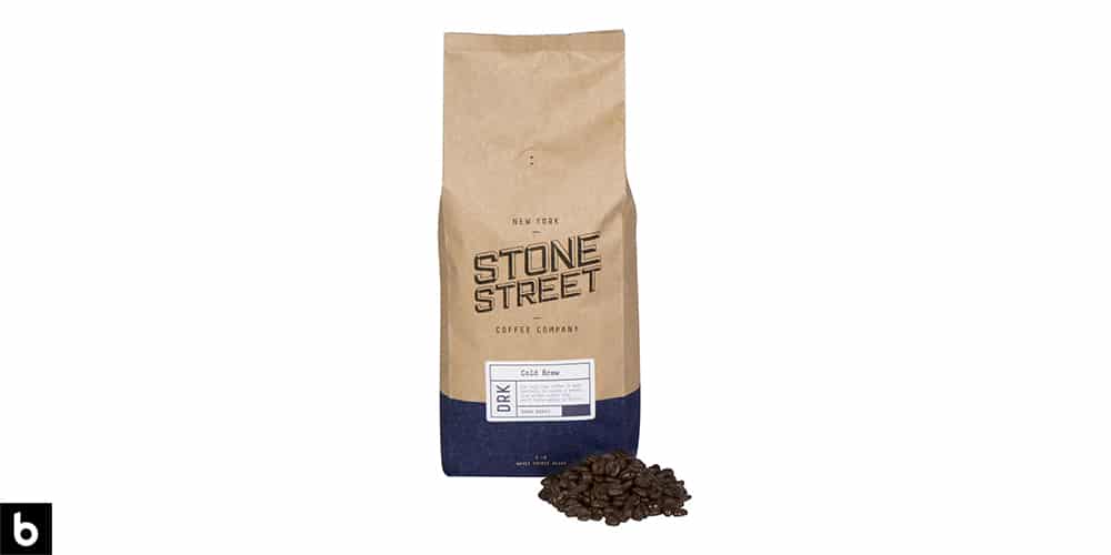 This is a navy and cream colored bag of Stone Street Whole Bean Coffee. We've dubbed it the Best Variety of Coffee Beans for French Press.