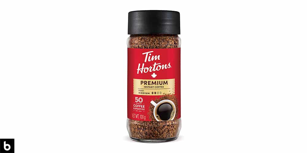 This is a product photo of a bottle of Tim Hortons Premium instant coffee.