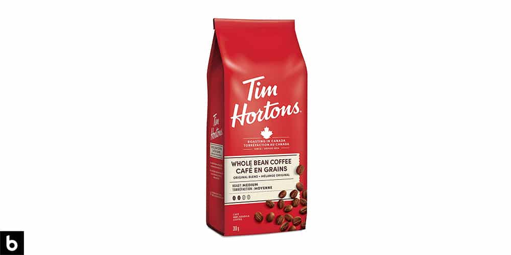 This is a product image, featuring a red bag of Tim Horton's Coarse grind coffee. This is a Canadian Classic for French Press Coffee.
