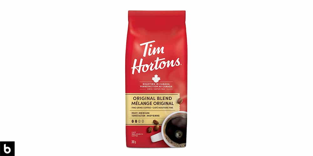 This is a product image of a red bag of Tim Horton's original blend medium roast coffee.