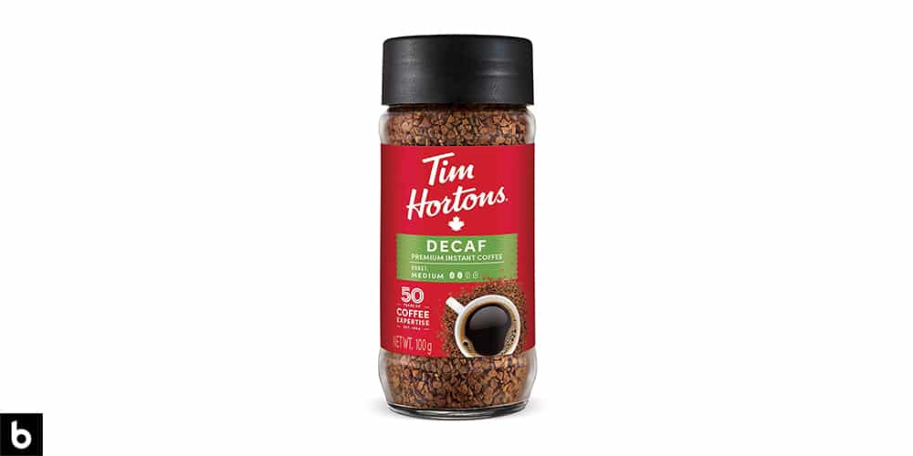 This is a product photo of a bottle of Tim Hortons Decaf coffee.