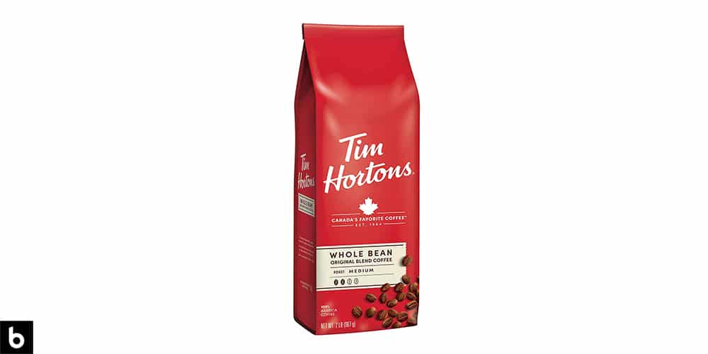 This is a product image for our Best Budget Coffee 2024 article. It features a red and white bag of Tim Horton's Whole Bean Original Blend Medium Roast Coffee.