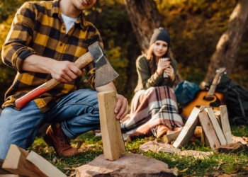 This is the cover photo for our Best Camping Axes / Hatchets article. It features a photo of a guy splitting wood by a campfire with a girl in the background sitting next to a bonfire.