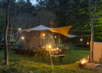This is the cover photo for our Best Camping Tart article. It features a tent, camping tarp, and campfire in the woods.