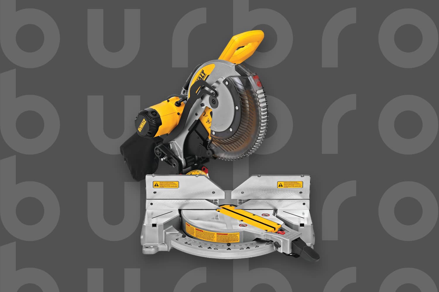 This is the cover photo for our Best Miter Saw article. It features a yellow and black Dewalt miter saw overlaid on a dark grey background with embossed Burbro logo.