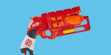 This is the cover photo for our Best Nerf Pistols article. It features a red, white, and orange Nerf pistols overlaid on a blue background.