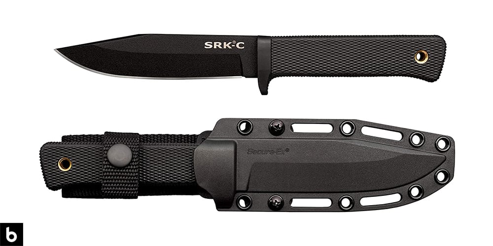 This is a product photo for our Best Tactical Combat Knives 2023 article. It features a black Cold Steel SRK Survival Rescue Tactical Combat knife with a black poly sheath.