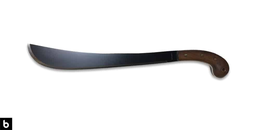 This is a product image, featuring a Condor Tool and Knife machete. It has a black blade and a brown wooden handle.