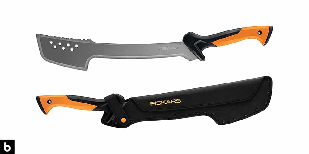 This is a product image for our Best Machetes 2022 article. It features a black and orange Fiskars machete.