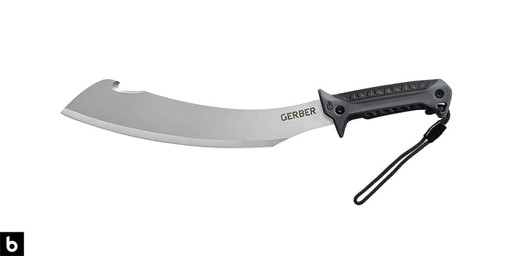 This is a product image for our Best Machetes 2022 article. It features a silver and black Gerber Broadcut machete.