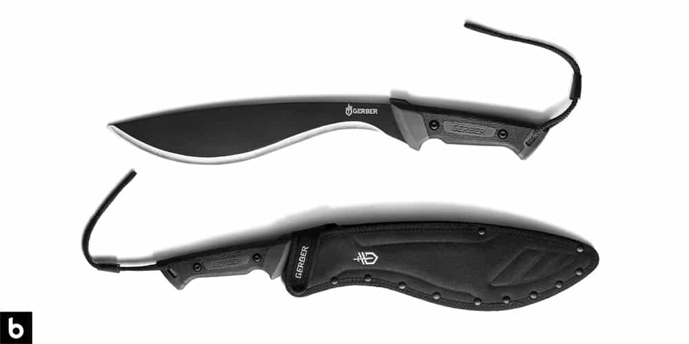 This is a product image, featuring a black Gerber Gator Kukri Machete with carrying case.