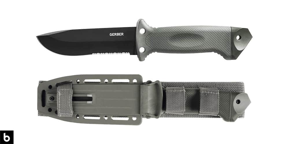 This is a product photo, featuring a Gerber LMF 2 Survival knife with an olive green handle and sheath and a black blade.