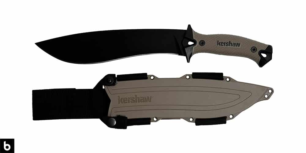 This is a product image, featuring a black and olive green Kershaw Camp Full Tang bolo.