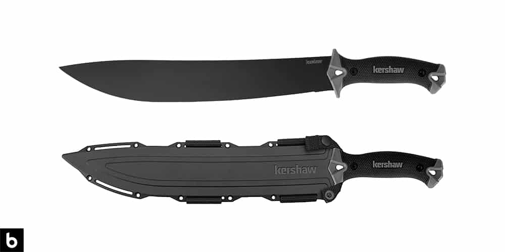 This is a product image, featuring a black metal Kershaw Camp 14 inch machete with a hard poly carrying case.