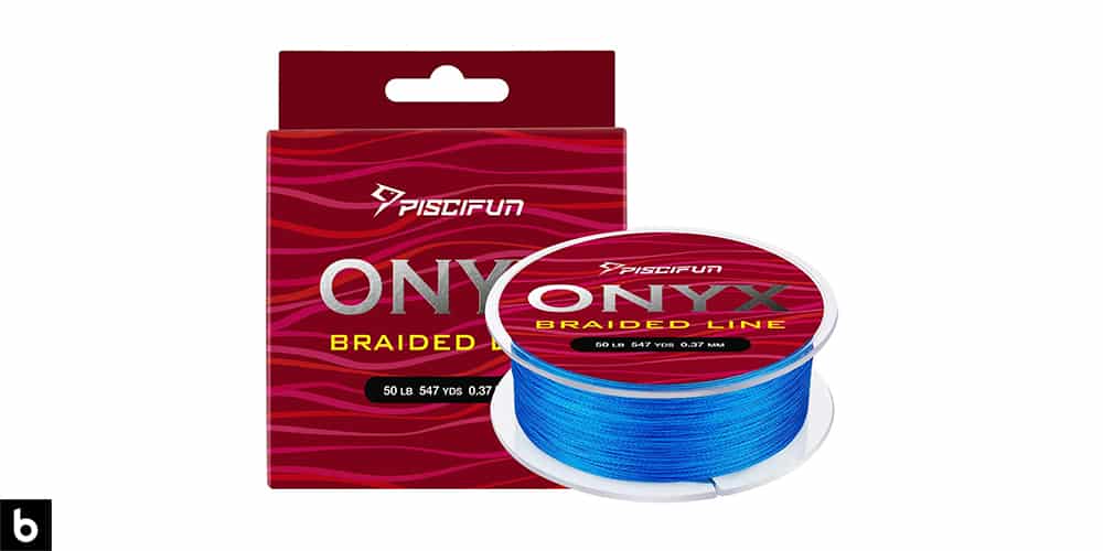 This is a product image, featuring a spool of blue-colored Piscifun Onyx fishing line.